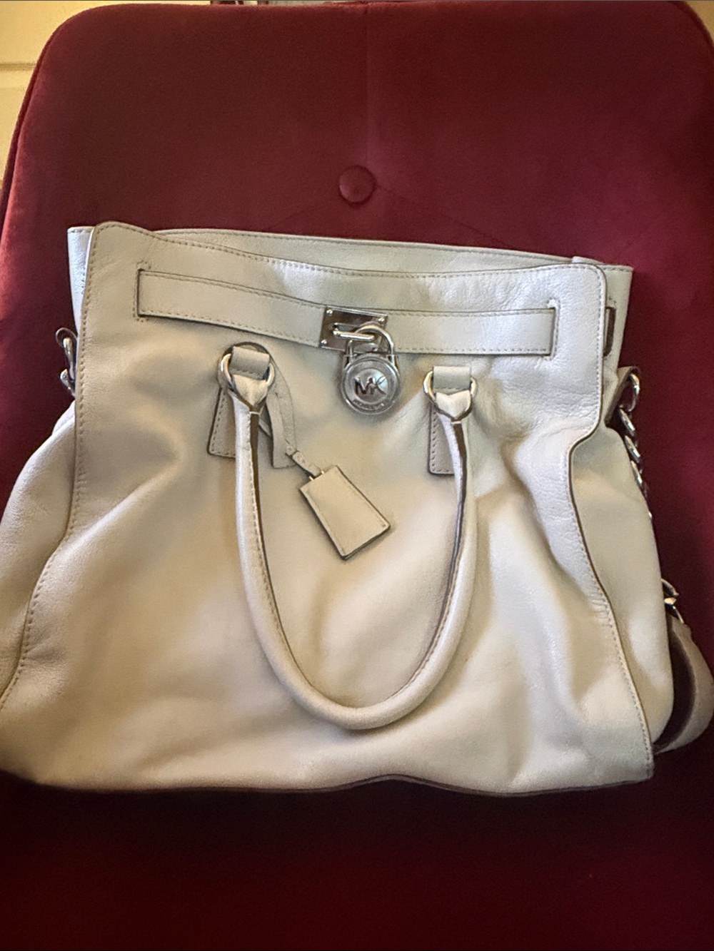 Michael Kors Cream Leather Satchel with Silver-Tone Lock